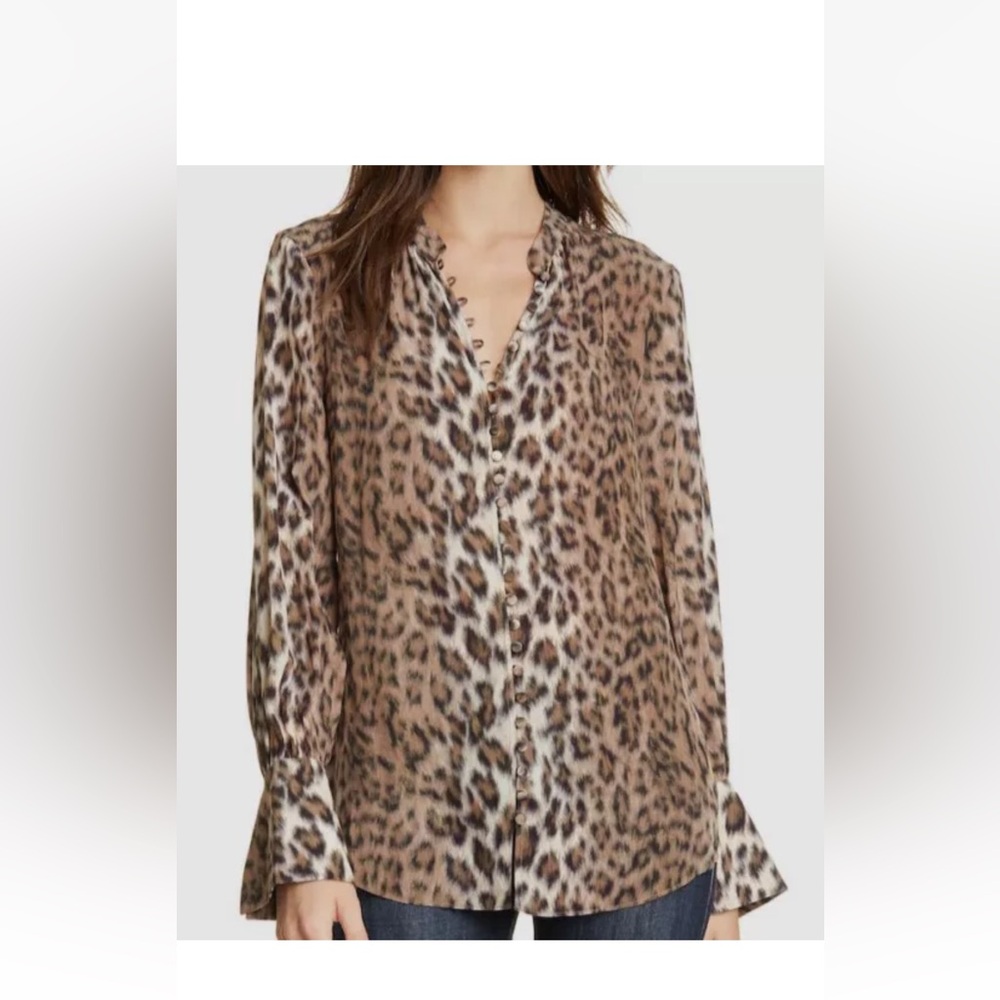 Joie Women's Brown Long Sleeve Leopard Print Silk Button Down Blouse Top…
